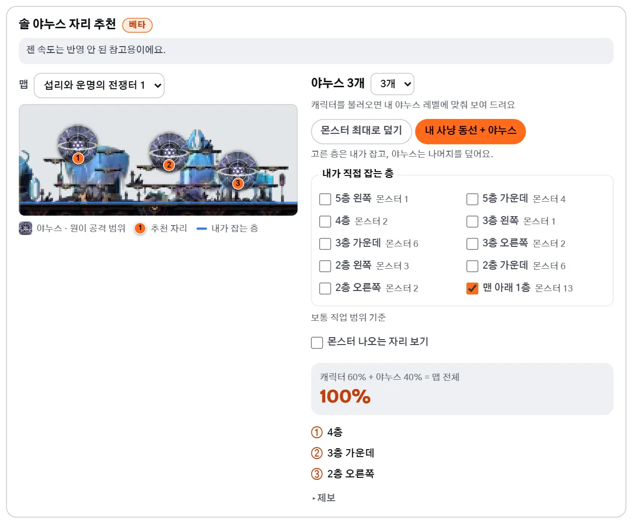 내 사냥 동선 + 야누스 방식에서 맨 아래 1층을 고르고 나머지 층에 야누스 자리가 표시된 화면